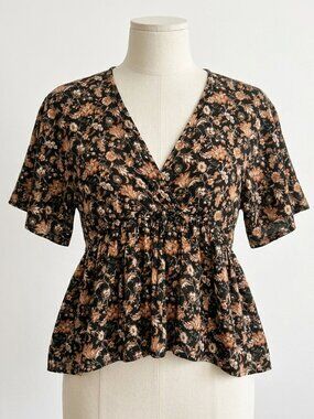 ZARA Black and Brown Bohemian Floral Print Flowy Flutter Sleeve Top - Size S